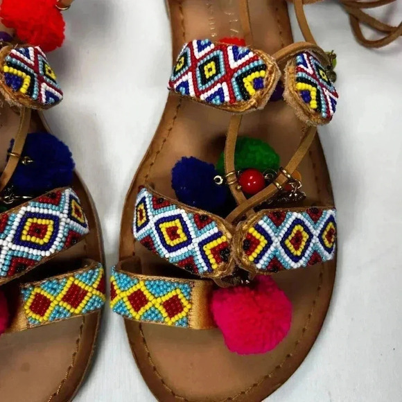 2/$30 Chinese Laundry Size 9.5 Sandals Beaded Pom Ankle Wrap Colorful Party - Picture 5 of 9
